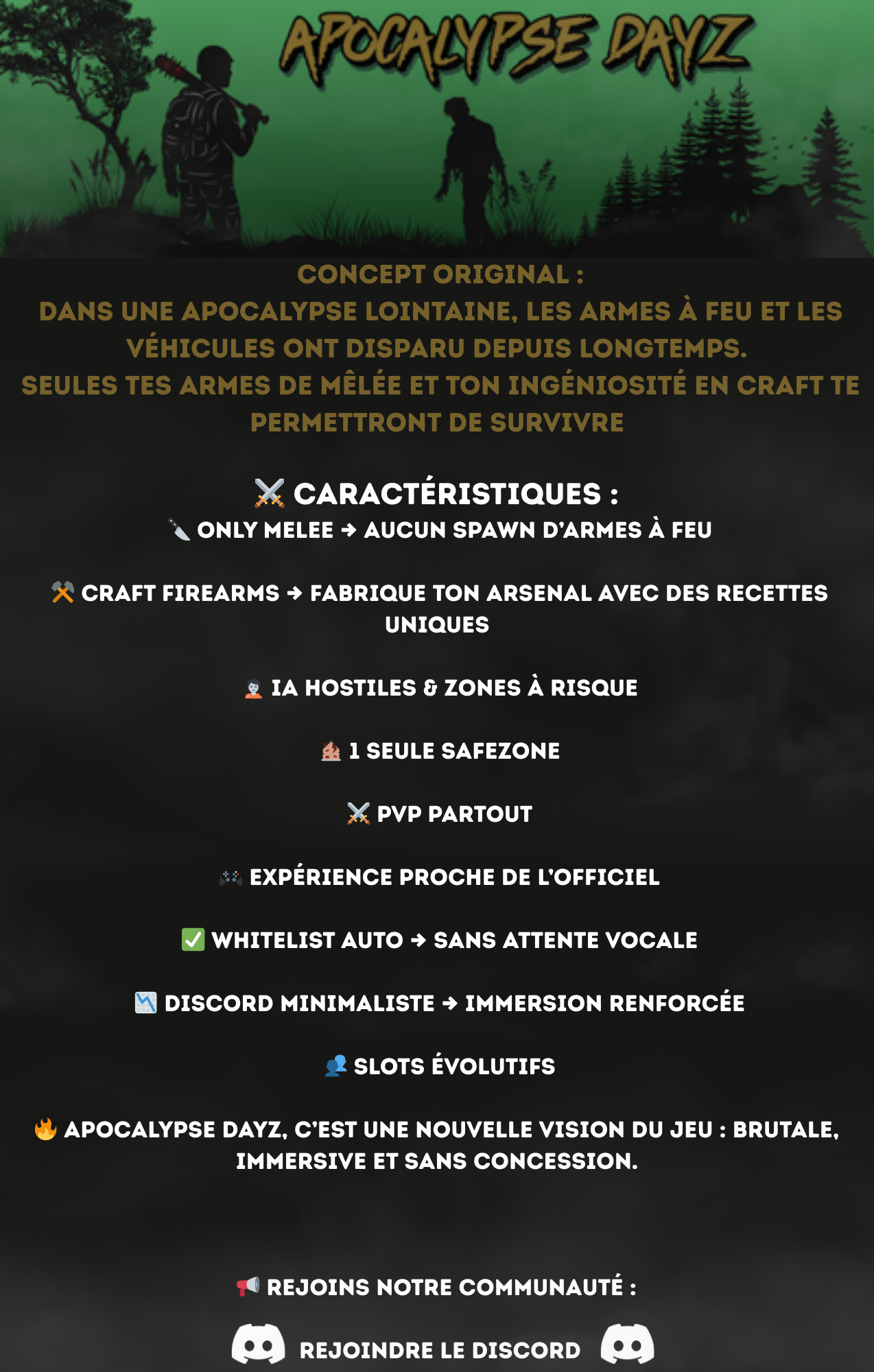 68ad781ddb5b3-🌍 Concept original Dans une apocalypse lointaine, les armes à feu et les véhicules ont disparu depuis longtemps. Seules tes armes de mêlée et ton ingéniosité en craft te permettront de survivre.(1).png